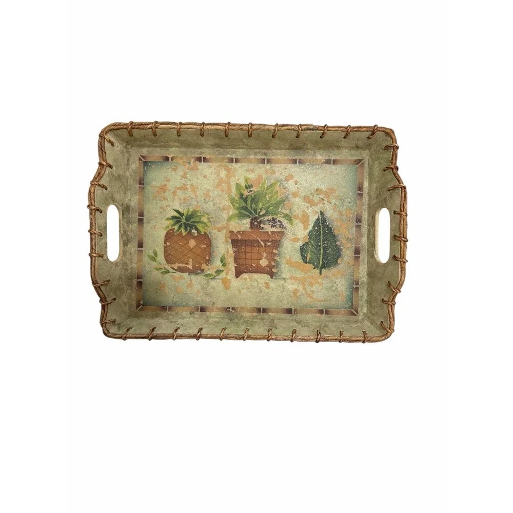 Large Decorative Serving Tray with Handles Rustic Farmhouse Plant Design